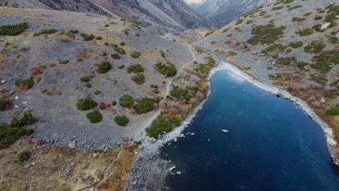 Drone Flight Over Blue Alpine Lake To Gorge. Kazakhstan, Sayram-Ugam Park Stock Footage 332778973