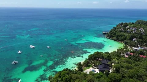 Drone flight over Boracay beach crystal clear water tropical island Philippi Stock Footage 333582445