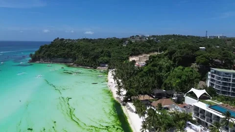 Drone flight over Boracay beach crystal clear water tropical island Philippi Stock Footage 333582446