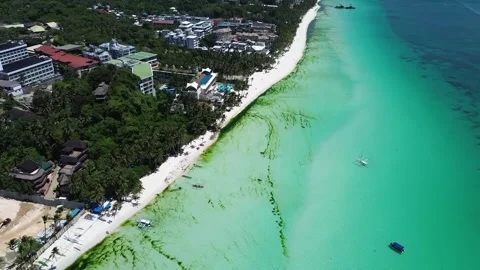 Drone flight over Boracay beach crystal clear water tropical island Philippi Stock Footage 333582456