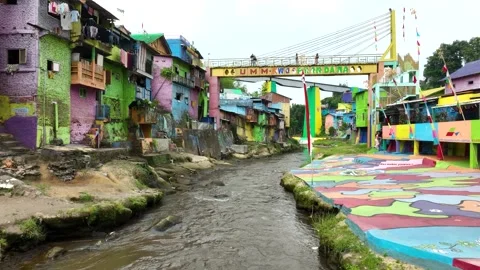 Drone Flight Over Brantas River in Jodipan Colorful Village, Malang, Indonesia Stock Footage 342605916