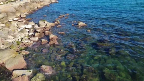 Drone Flight Over Breakwater with Clear Calm Water and Green Algae Vídeo Stock 332480606