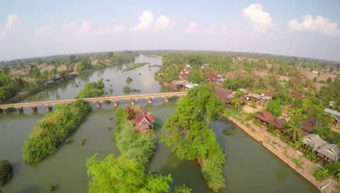 Drone Flight over bridge in 4000 islands in Laos Stock Footage 60115856