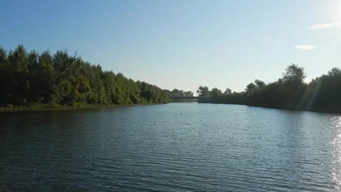 Drone flight over calm water of a lake in sunny autumn day in Kovilj, Serbia Stock Footage 263149012