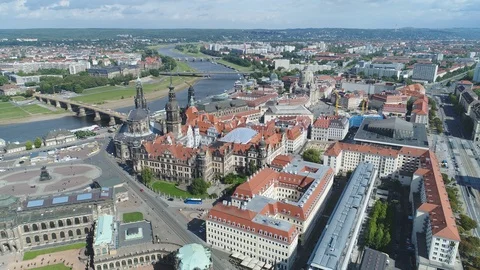 Drone flight over cathedral and square Dresden, history architecture Germany Stock Footage