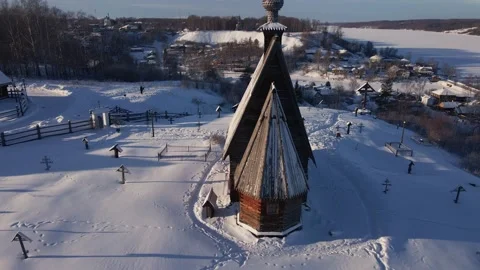 Drone flight over cemetery and wooden church Stock Footage 236013662