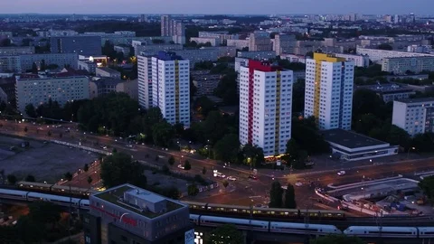 A drone flight over central Berlin during sunset at the Spree-river, aerial.  Stock Footage 79885630