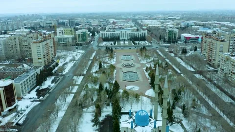 Drone flight over the city administration building akimat and the central square Stock Footage 240530738