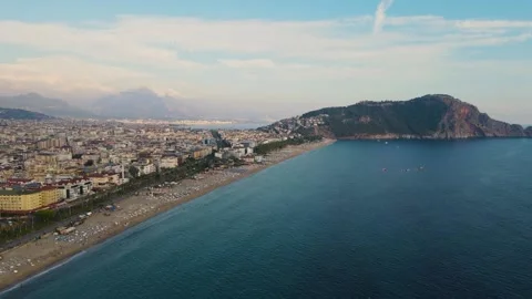 Drone flight over Cleopatra beach in Alanya Stock Footage 168366558