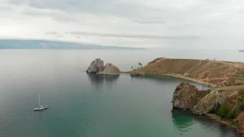 Drone flight over cliff and bay Olkhon Island on Lake Baikal, Russia. Stock Footage 137034601