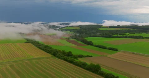 Drone flight over clouds and green fresh forest in hilly Europe, Germany. Aerial Stock Footage 252604048
