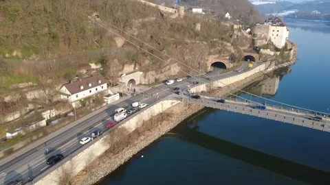 Drone Flight Over Danube Showing Road, Tunnels and Castle in Passau, Germany Video stock 327484688