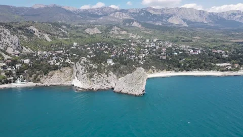 Drone flight over Diva rock, Simeiz village, Crimea. Stock Footage 256799251