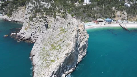 Drone flight over Diva rock, Simeiz village, Crimea. Stock Footage 256799308
