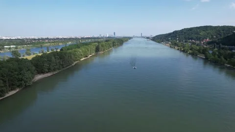 Drone flight over donau in background vienna (Austria) in 4k 스톡 동영상 200977199