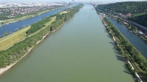 Drone flight over donau in background vienna (Austria) in 4k 스톡 동영상 200977429