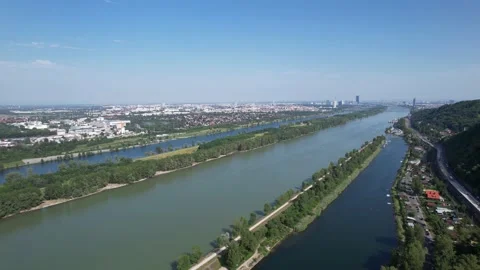 Drone flight over donau in background vienna (Austria) in 4k 스톡 동영상 200977452
