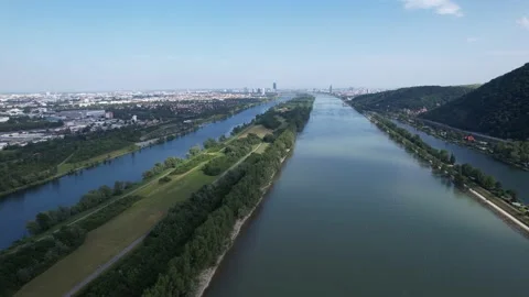Drone flight over donau in background vienna (Austria) in 4k Stock Footage 200979293