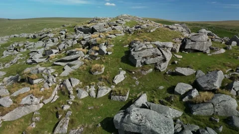 Drone flight over Down Tor in Dartmoor Nationa Park UK Stock Footage 205828856