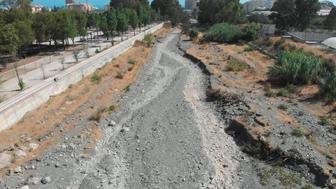 Drone flight over a drought river Stock Footage 129504225