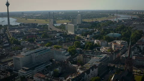 Drone flight over duesseldorf with view on rheinturm Stock Footage 230910411