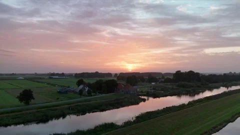 Drone Flight Over Dutch Canals at Sunrise in 4K Stock Footage 317403136