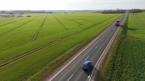 Drone flight over expansive green fields next to a winding road in bright day Stock Footage 308695267