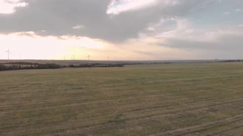 Drone flight over the field and view of the wind turbines 4K Stock Footage 207808842