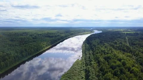 Drone flight over a field river and forest, in the country Stock Footage 142895447
