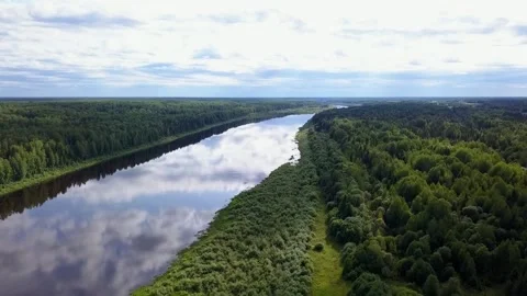 Drone flight over a field river and forest, in the country Stock Footage 142895646