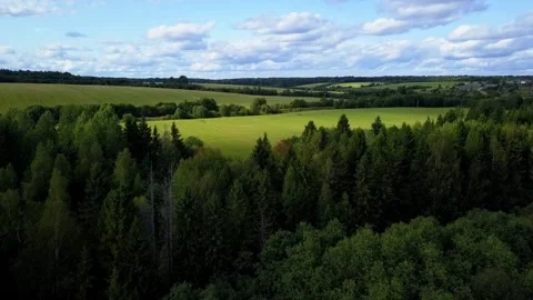 Drone flight over a field river and forest, in the country Stock Footage 142895692