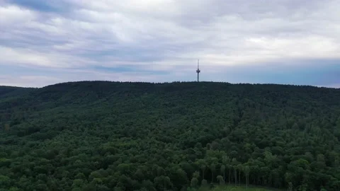 Drone flight over forest and TV tower , Germany Stock Footage 136150397