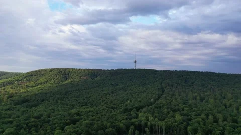Drone flight over forest and TV tower , Germany Stock Footage 136150831