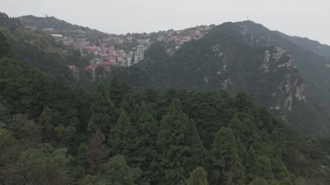 Drone Flight over Forest toward Red Roof Mountain Town, Lushan Stock Footage 346699868