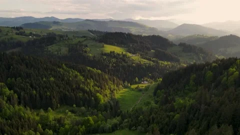 Drone flight over forests, fields, farms in the Carpathian Mountains Stock Footage 169755233