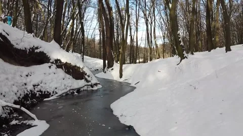 Drone flight over a frozen stream 2 Stock Footage 148327994