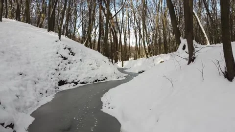Drone flight over a frozen stream Stock Footage 148327998