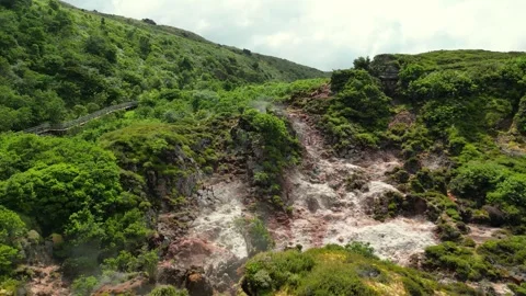 Drone Flight Over Geothermal Steam Vents on Terceira Island, Azores Stock Footage 335885912