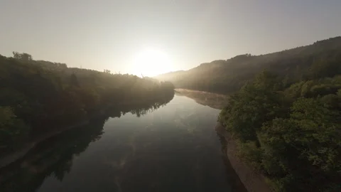 Drone Flight over German Lake Aggertalsperre at Dawn 動画素材 314978336