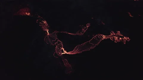 Drone Flight Over Glowing Lava Flow From Erupting Fagradalsfjall Volcano Stock Footage 155770020