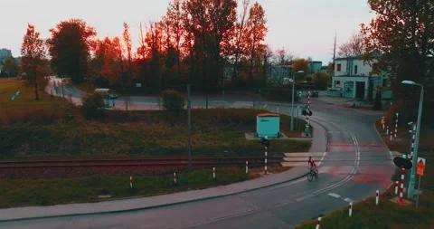 Drone flight over grass, nature at sunset. Top view of the small town, trees  Stock Footage 189860824