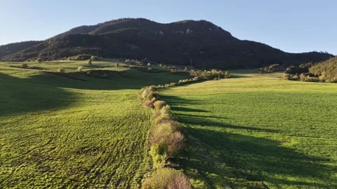 Drone flight over green fields with Predny Choc mountain in Liptov Slovakia Stock Footage 335070058