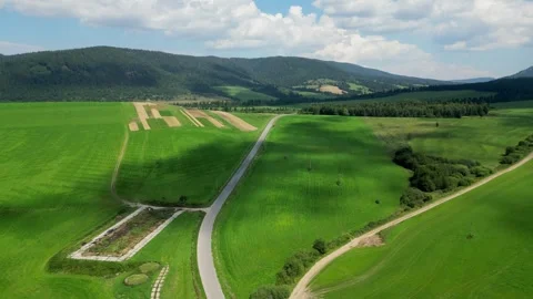 Drone flight over green meadows towards mountains Stock Footage 314766878
