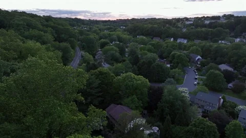 Drone flight over green trees on American suburb neighborhood located on hill Stock Footage 312250546