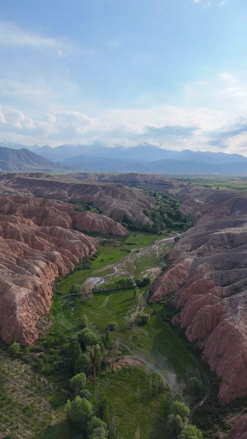 Drone flight over green valleys and red mountains in Kyrgyzstan. Stock Footage 315435793