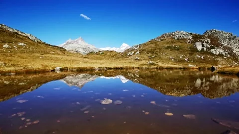 Drone flight over Grimselpass, Switzerland at 2168 meters. Wit Lakes and Alps Stock Footage 138726223