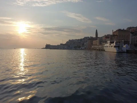 Drone Flight over the harbor during a fantastic sunrise Stock Footage 72622648