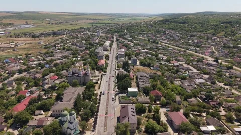 Drone Flight Over Hincesti Main Road and Cityscape, Moldova Video stock 342028230