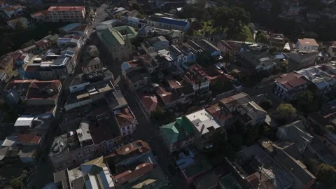 Drone Flight Over Historical Buildings in Valparaíso, Chile at Golden Hour Video stock 320970751