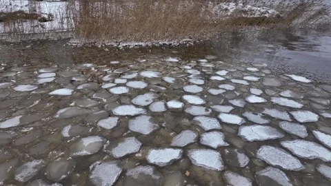 Drone Flight Over Ice-Covered Waters. Aerial track with drone over ice Stock Footage 259470785